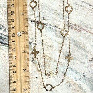 14K Yellow Gold Plate Quatrefoil Clover Station Charm Necklace Double Layer